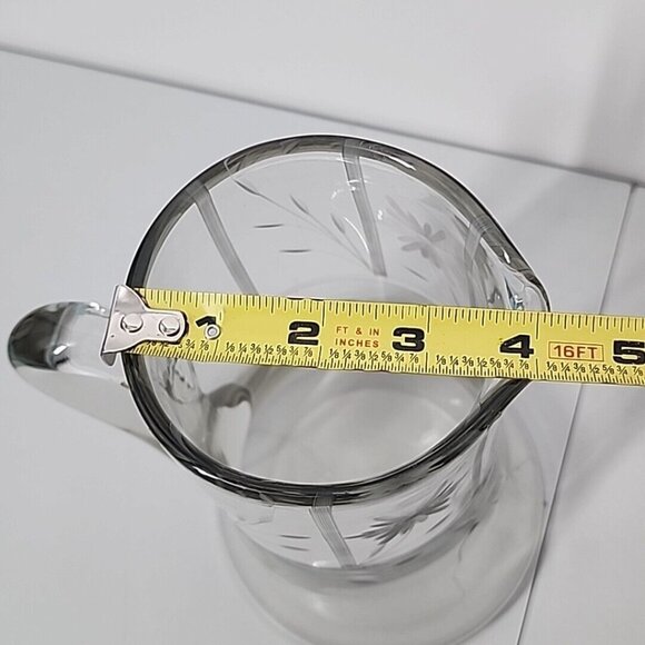 Vintage Glass Clear Pitcher Floral etched Silver Accent Heavy - Picture 8 of 12